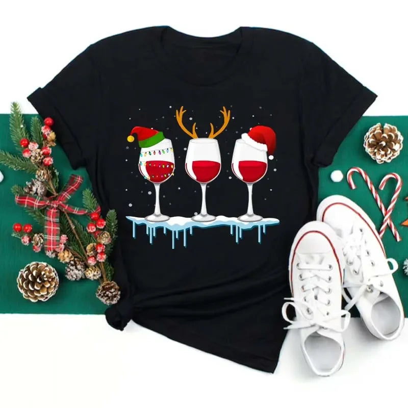 Women’s Wine Glass Christmas T-Shirt