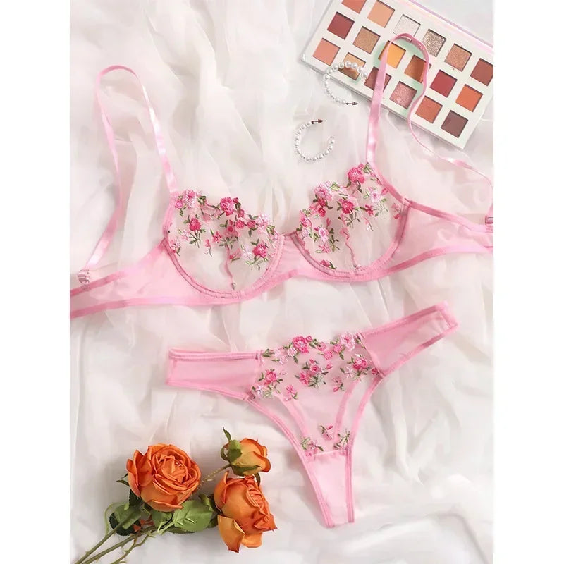 Bra and Brief Set – 2-Piece Sexy Floral Embroidery Lingerie
