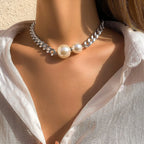 Women’s Vintage Punk Cuban Chain Choker Necklace with Gothic Pearl Pendant