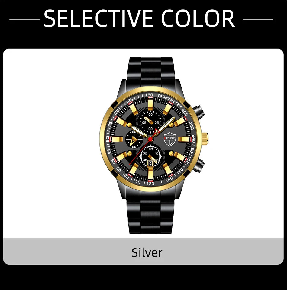 Luxury Men’s Quartz Watch – Gold Needle, Steel Band, Calendar Display Classic Business & Casual Style