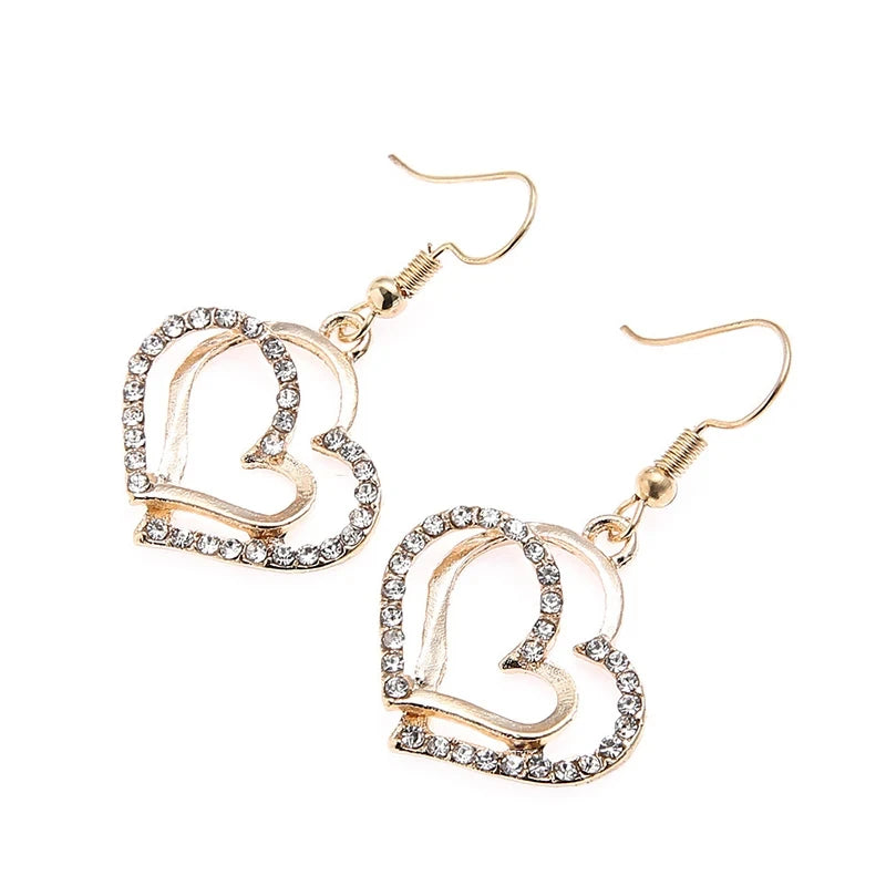 Rhinestone Double Heart Earrings & Pendant Necklace for women