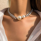 Women’s Vintage Punk Cuban Chain Choker Necklace with Gothic Pearl Pendant