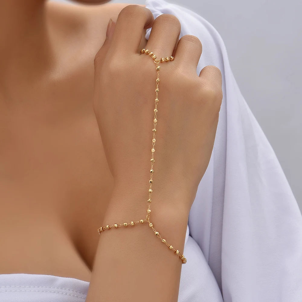 Dainty Gold-Plated Hand Chain Bracelet with Ring