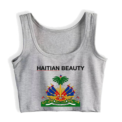 Haitian Coat of Arms Slim Fit Crop Top – Custom Cotton Tank for Women