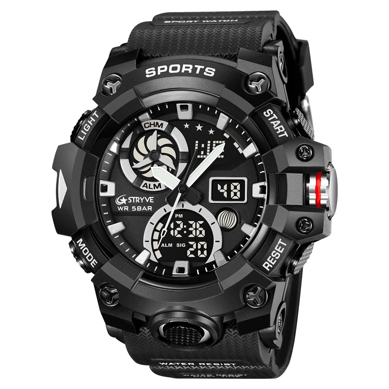 Men’s Dual Time Sport Watch – 50m Waterproof, Shock Resistant Digital Watch