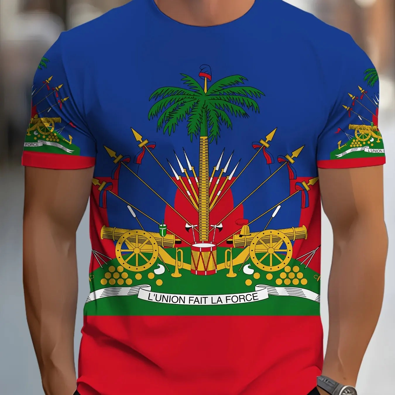 Men’s Haitian Flag T-Shirt – Vibrant Multi-Color Casual Polyester Tee, Regular Fit