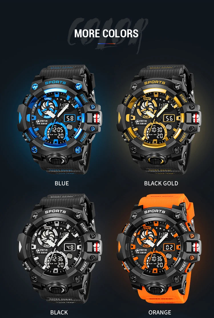 Men’s Dual Time Sport Watch – 50m Waterproof, Shock Resistant Digital Watch