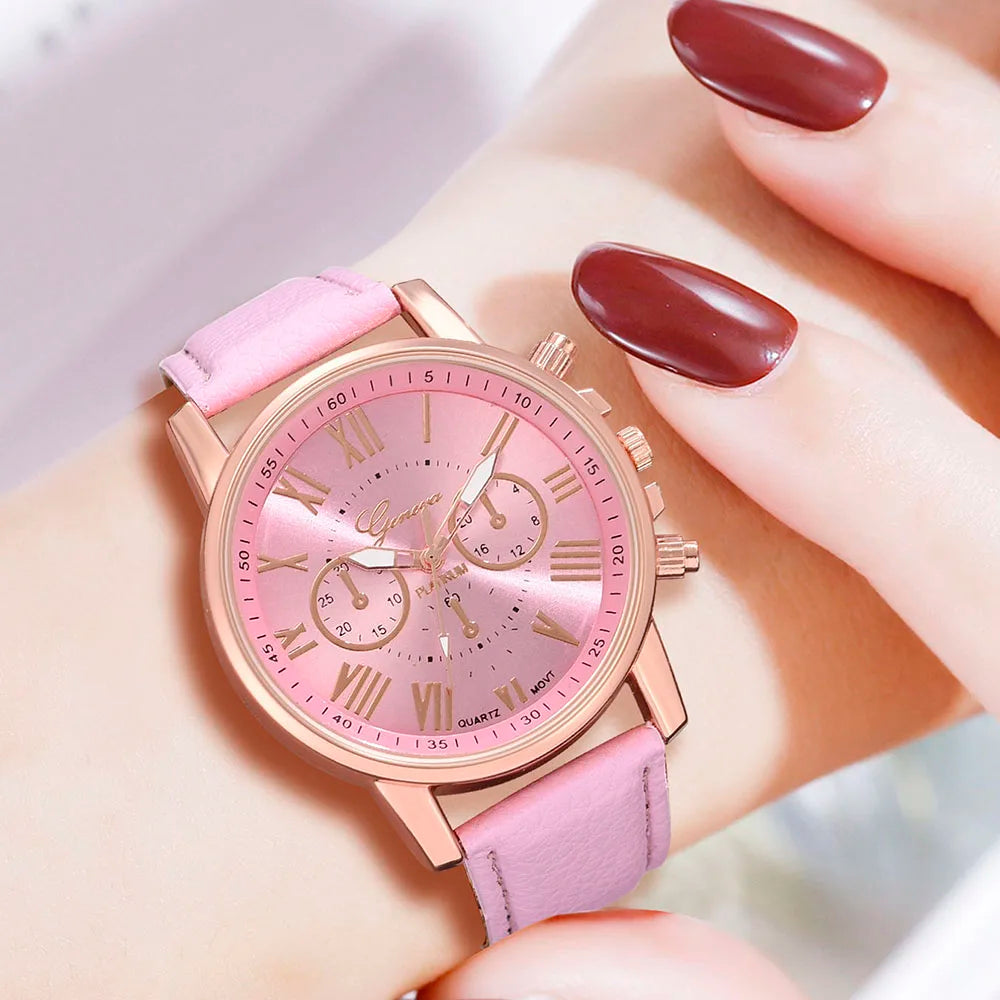 6PCS Pink Watch & Bracelet Set for Women and Girls