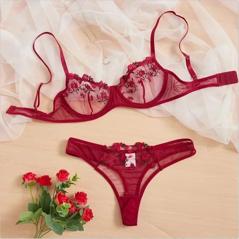 Bra and Brief Set – 2-Piece Sexy Floral Embroidery Lingerie