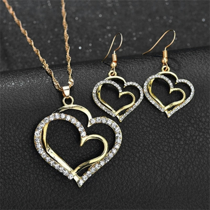 Rhinestone Double Heart Earrings & Pendant Necklace for women