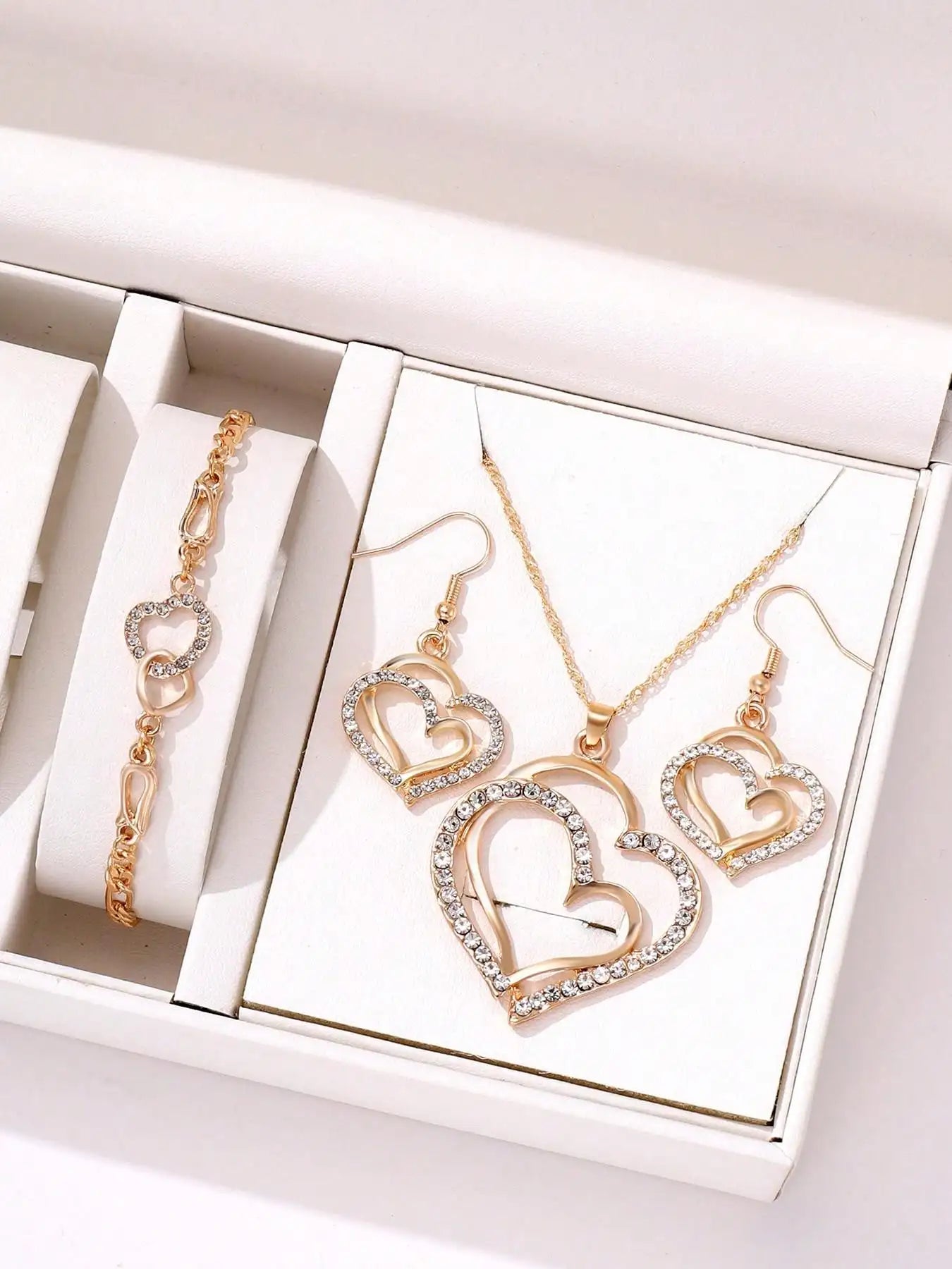 Rhinestone Double Heart Earrings & Pendant Necklace for women