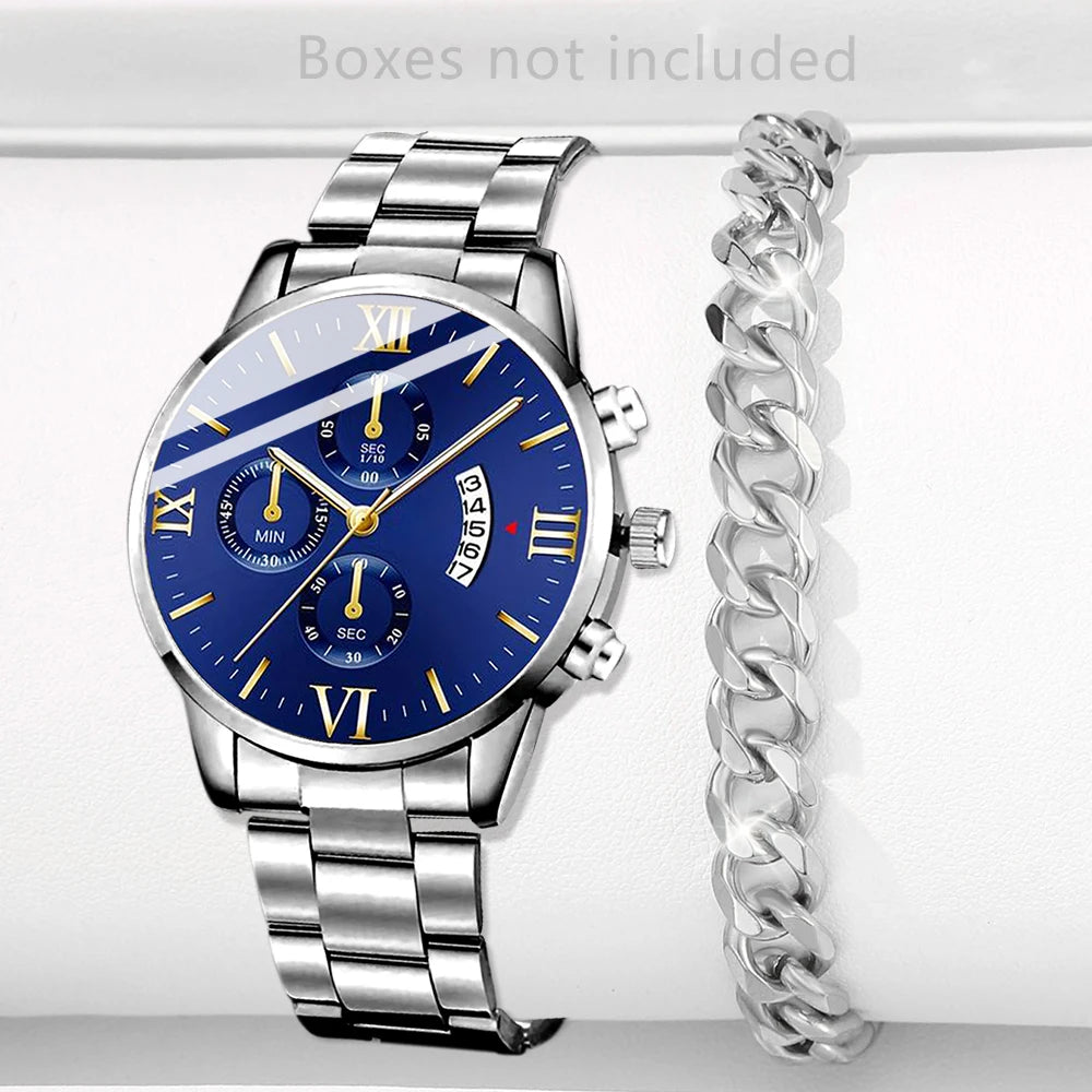 ⌚ Men’s  Stainless Steel Quartz Watch – Classic Business Style with Calendar Display
