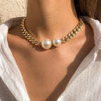 Women’s Vintage Punk Cuban Chain Choker Necklace with Gothic Pearl Pendant