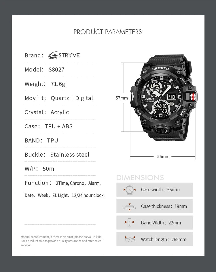 Men’s Dual Time Sport Watch – 50m Waterproof, Shock Resistant Digital Watch