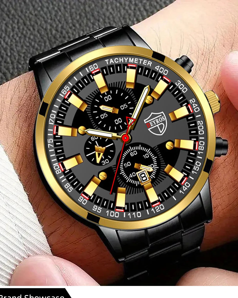 Luxury Men’s Quartz Watch – Gold Needle, Steel Band, Calendar Display Classic Business & Casual Style