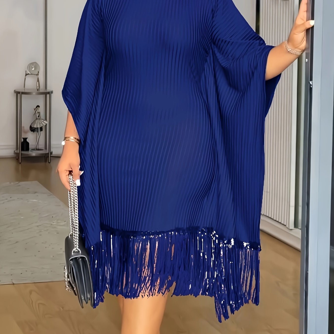 Bat Sleeve Plus Size Tights Tassel Dress