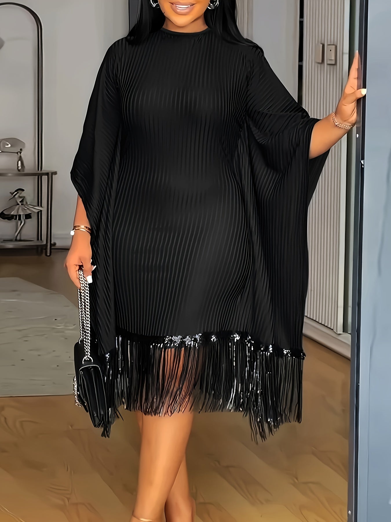 Bat Sleeve Plus Size Tights Tassel Dress