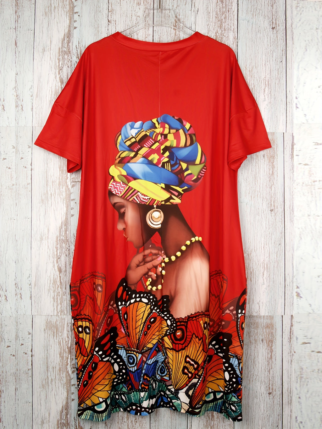 Plus Size Butterfly Print Dress – Casual V-Neck Short Sleeve Dress with Pockets for Women