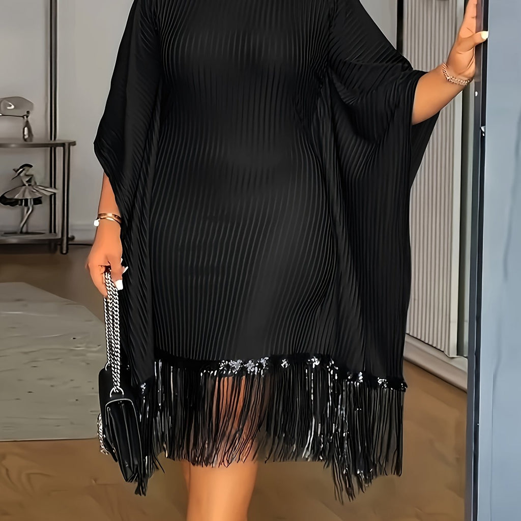 Bat Sleeve Plus Size Tights Tassel Dress