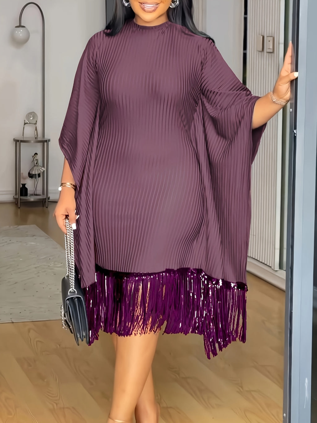 Bat Sleeve Plus Size Tights Tassel Dress