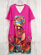 Plus Size Butterfly Print Dress – Casual V-Neck Short Sleeve Dress with Pockets for Women