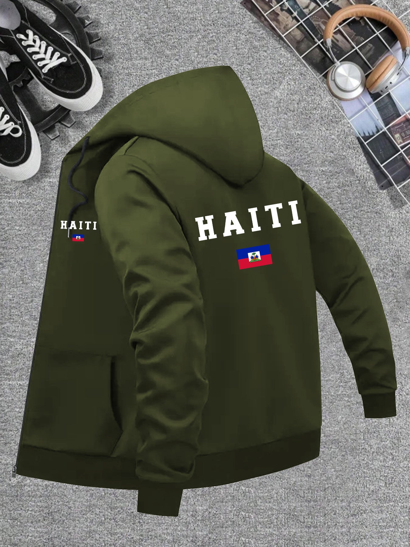 Men’s Haiti Flag Hooded Jacket – Casual Zip-Up Sportswear