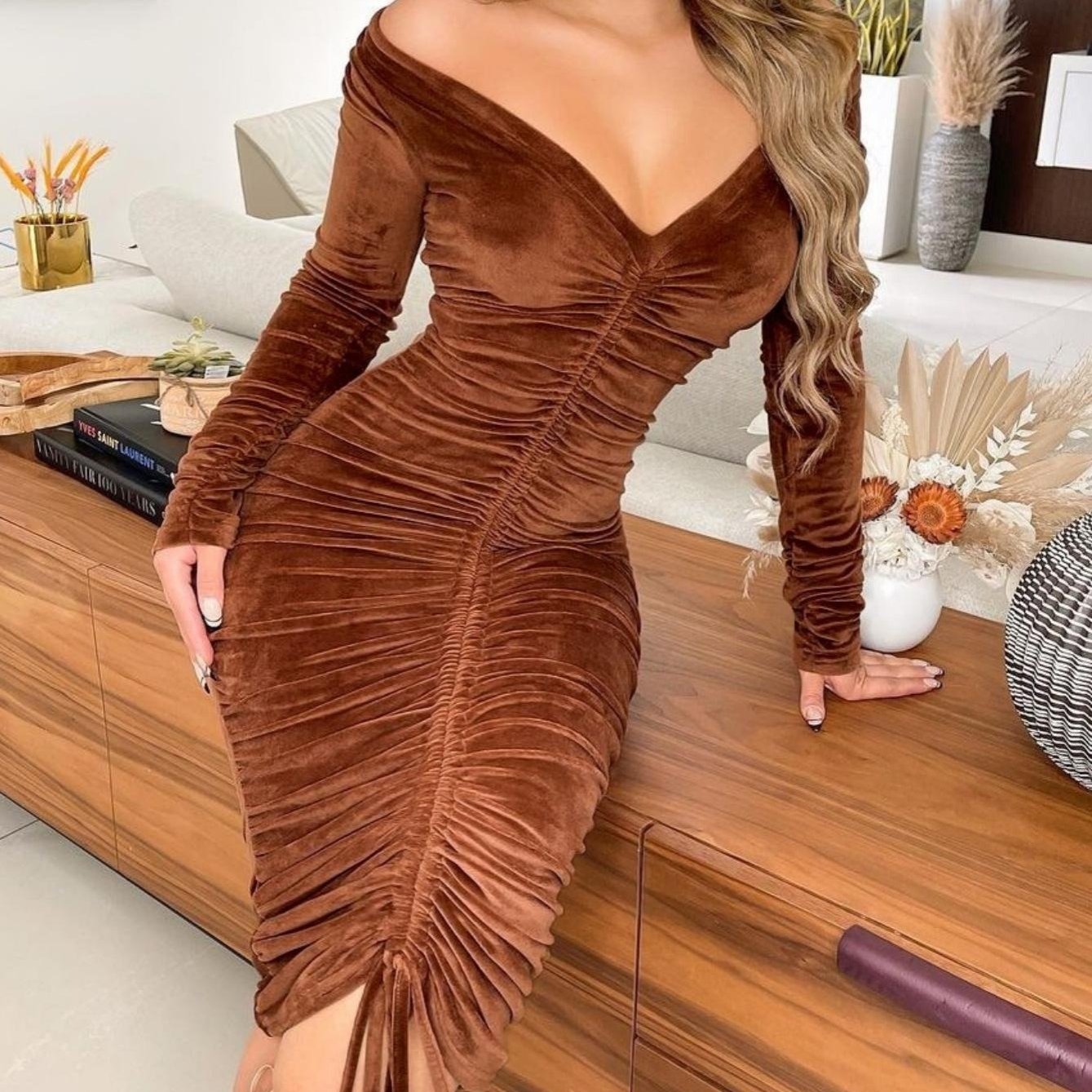Velvet Off The Shoulder Bodycon Dress