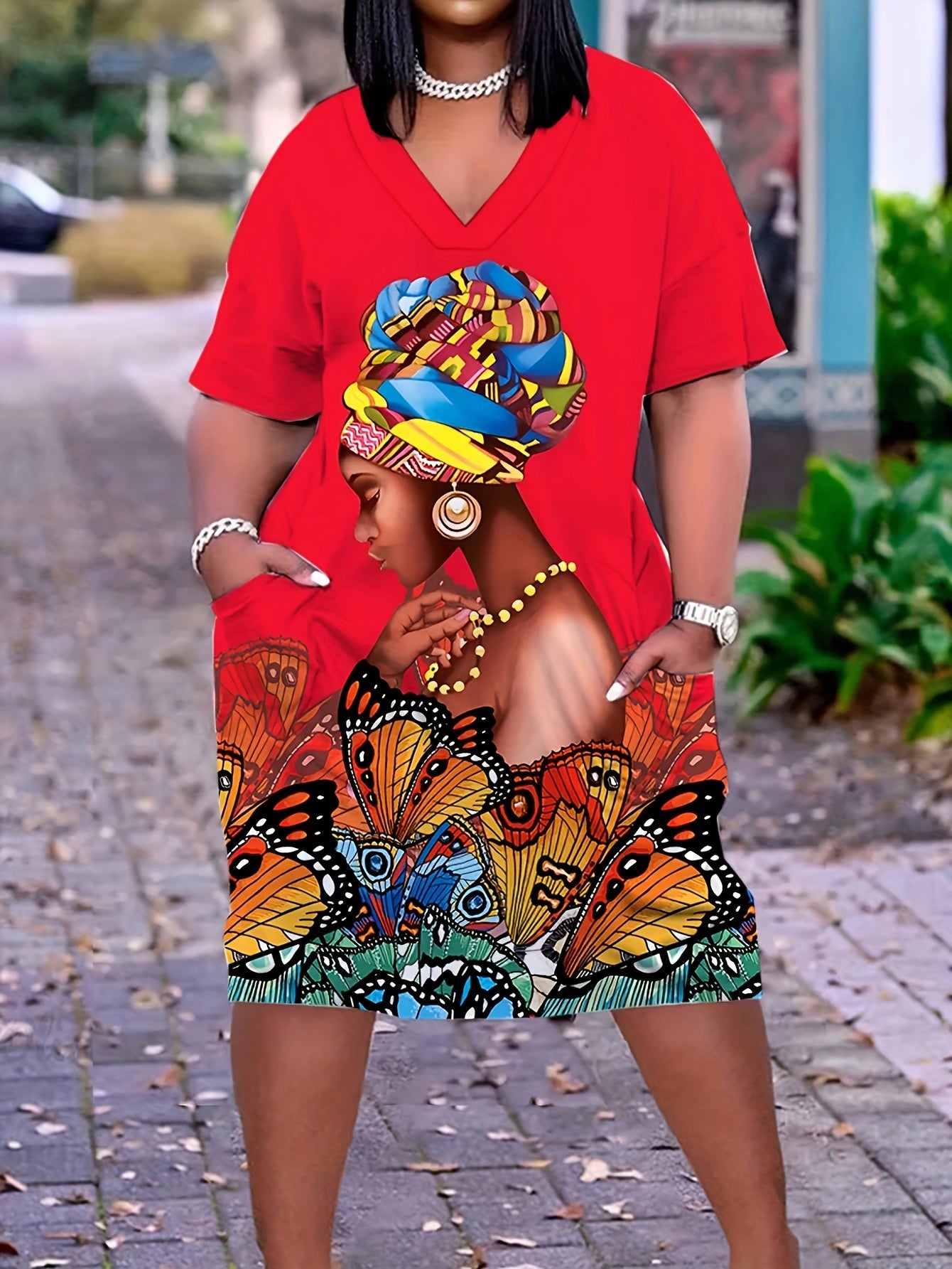 Plus Size Butterfly Print Dress – Casual V-Neck Short Sleeve Dress with Pockets for Women