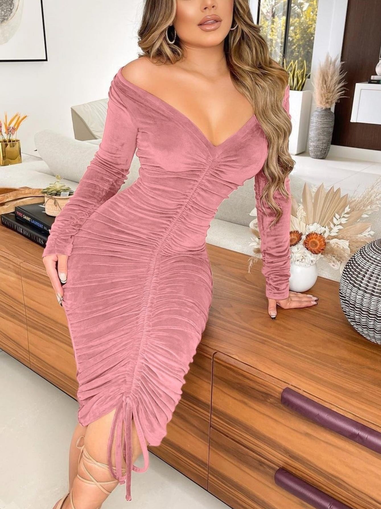 Velvet Off The Shoulder Bodycon Dress